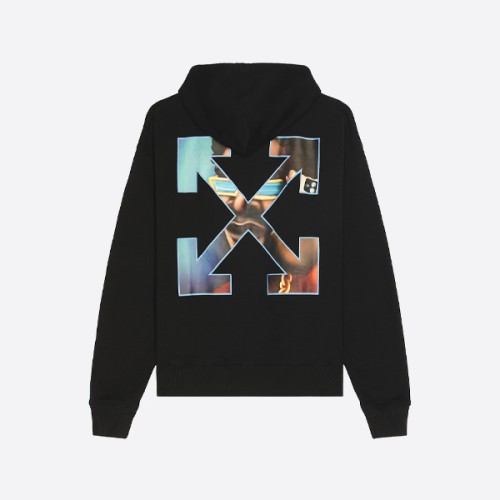 오프화이트 포트레이트 오버레이 애로우 프린트 후드티