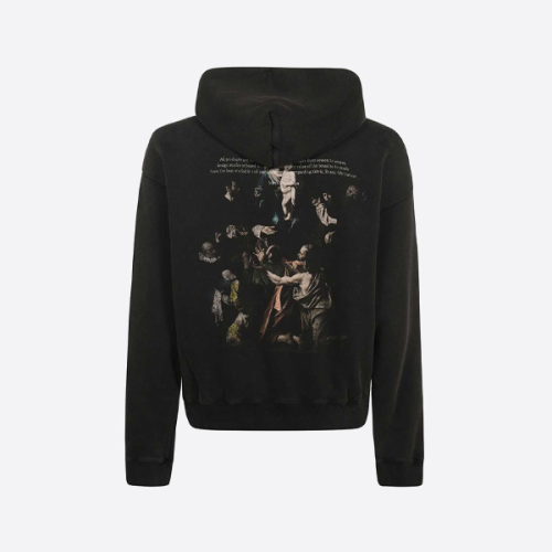 뒷면에 성모 마리아 프린트가 있는 오프화이트 색상의 후드티