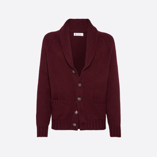 브루넬로 쿠치넬리 깃털 단추 금속 숄 칼라 가디건