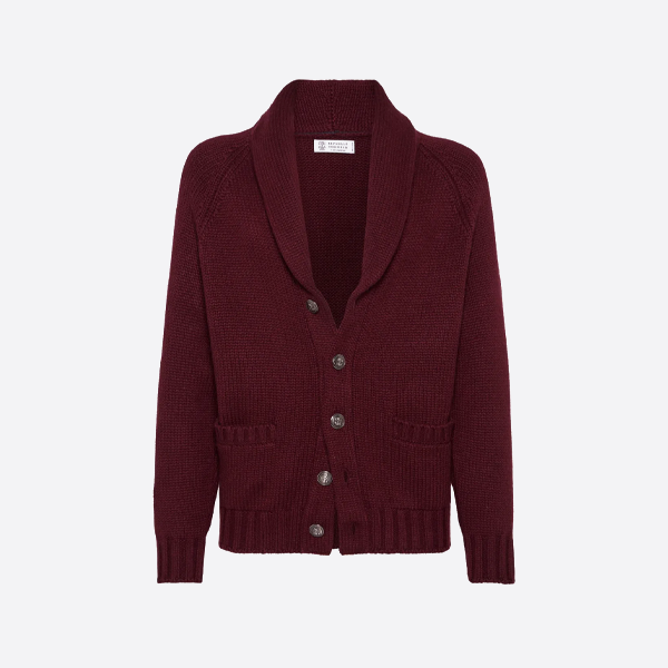 브루넬로 쿠치넬리 깃털 단추 금속 숄 칼라 가디건