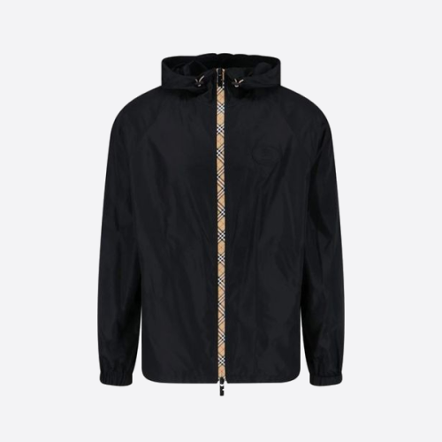 버버리 체크무늬 나일론 후드 재킷, 블랙