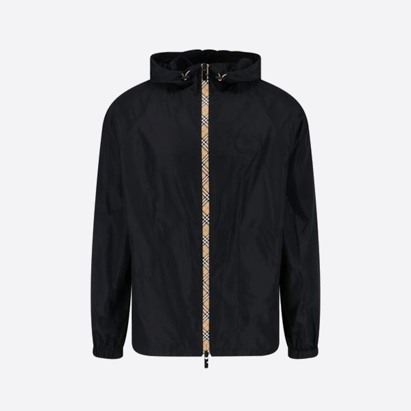 버버리 체크무늬 나일론 후드 재킷, 블랙