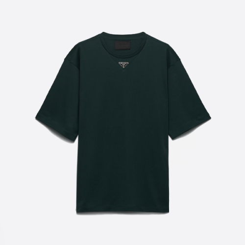 프라다 신상 다크 그린 색상 반팔 셔츠, 삼각형 로고