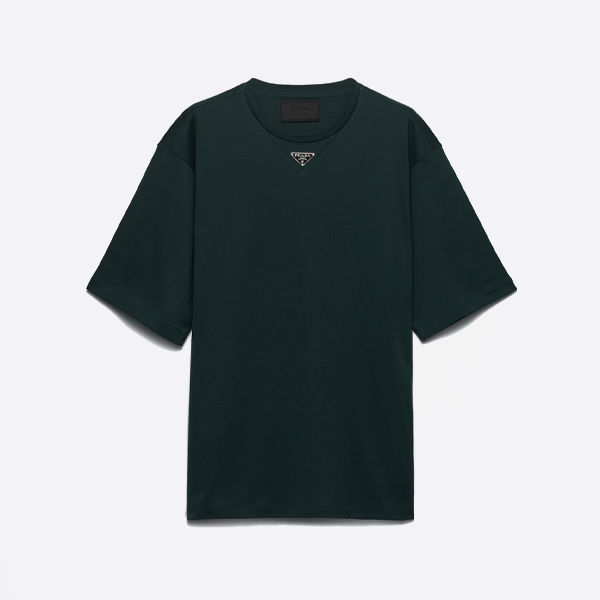 프라다 신상 다크 그린 색상 반팔 셔츠, 삼각형 로고