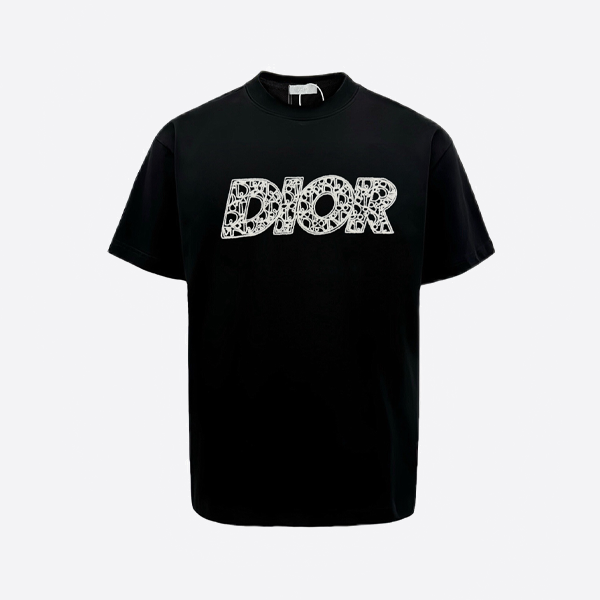 디올 시그니처 자수 레터링 반팔 셔츠, 블랙