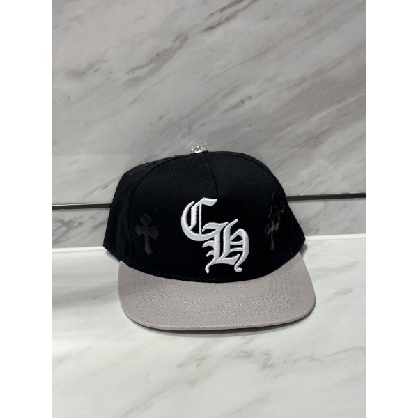 크롬 하츠 신상 블랙 앤 그레이 가죽 믹스 자수 로고 야구 모자